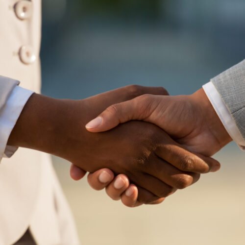 Dark skinned businesswoman shaking hands with male colleague. Closeup of business people handshake. Agreement concept